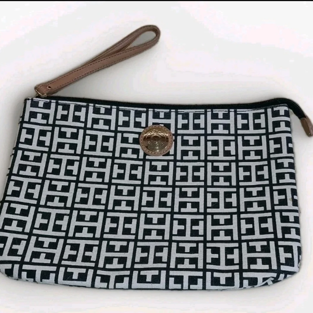 Tommy Hilfiger Canvas Clutch Bag, Logo Signature Design, Black And White